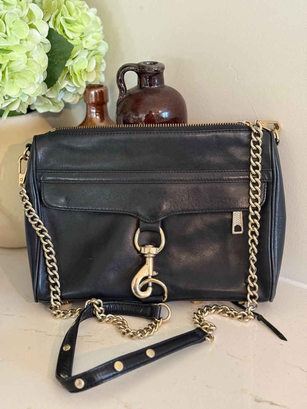 Rebecca Minkoff Black Leather Mini MAC with Gold Chain Strap